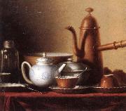 unknow artist Still life of a chocolate pot,teapot,sucrier,bowl,teajar,tea cups and saucers,and silver spoons,all upon a draped table top USA oil painting artist